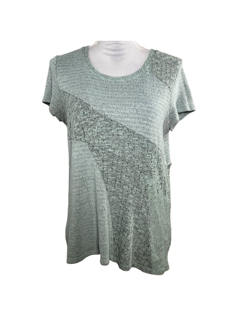 New Directions Womens Large Green Short Sleeve Knit Top Lace Casual Stretch